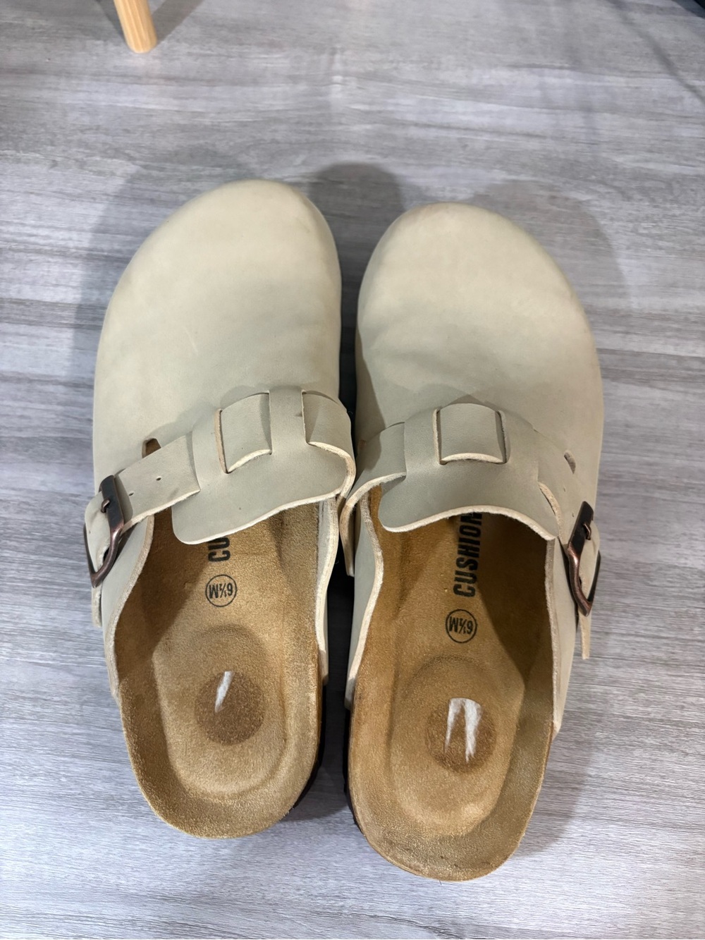 Women's Cream Slip-On Clogs with Buckle Detail